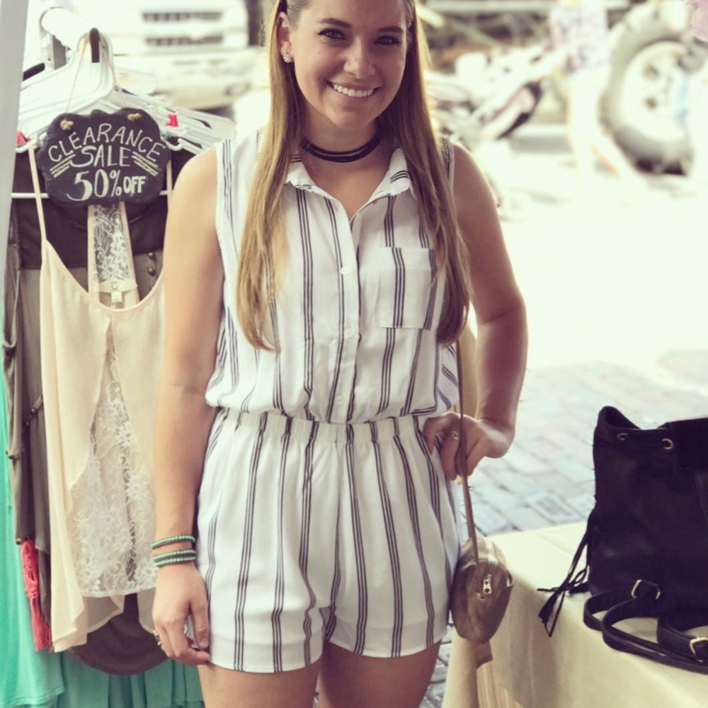 Brand New Black and White Striped Open Back Romper